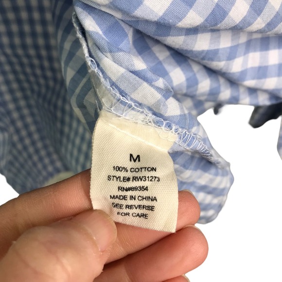 No Comment Blouse Womens Sz M Blue Gingham Check Off The Shoulder Top Sleeve Tie - Picture 8 of 9